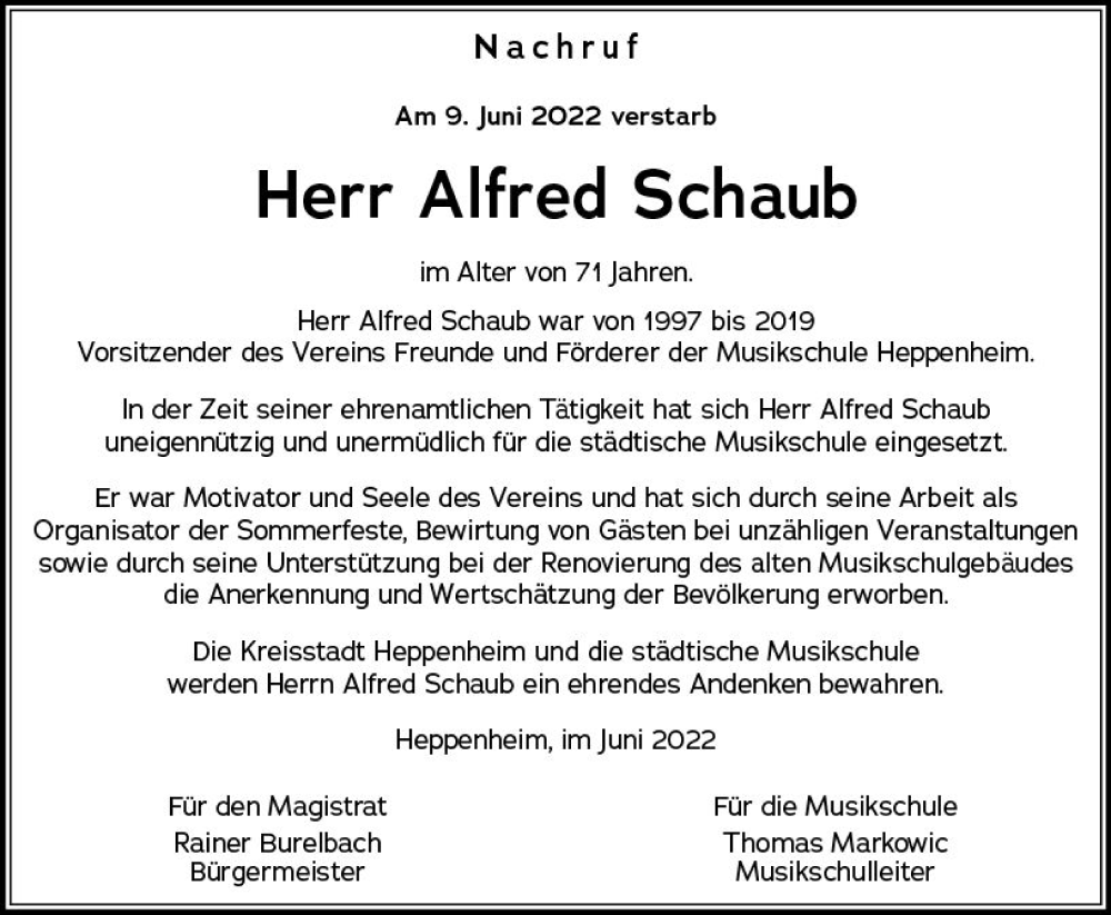  Traueranzeige für Alfred Schaub vom 05.07.2022 aus vrm-trauer Bürstädter/Lamperth. Ztg/Starkenburger