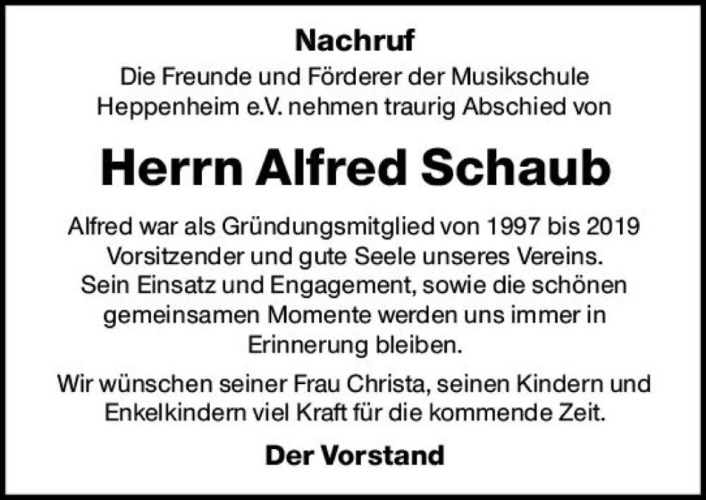  Traueranzeige für Alfred Schaub vom 02.07.2022 aus vrm-trauer Bürstädter/Lamperth. Ztg/Starkenburger