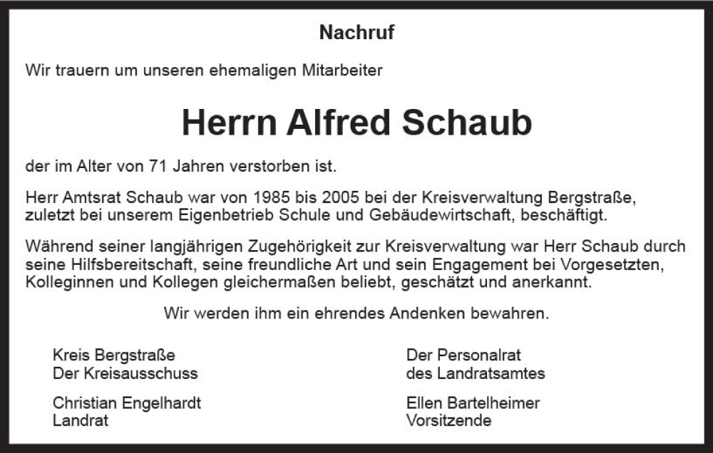  Traueranzeige für Alfred Schaub vom 02.07.2022 aus vrm-trauer Bürstädter/Lamperth. Ztg/Starkenburger