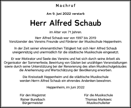 Traueranzeige von Alfred Schaub von vrm-trauer Bürstädter/Lamperth. Ztg/Starkenburger
