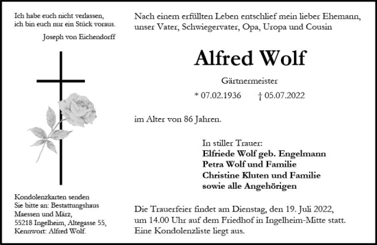 Traueranzeige von Alfred Wolf von vrm-trauer Allgemeine  Zeitung Ingelheim-Bingen