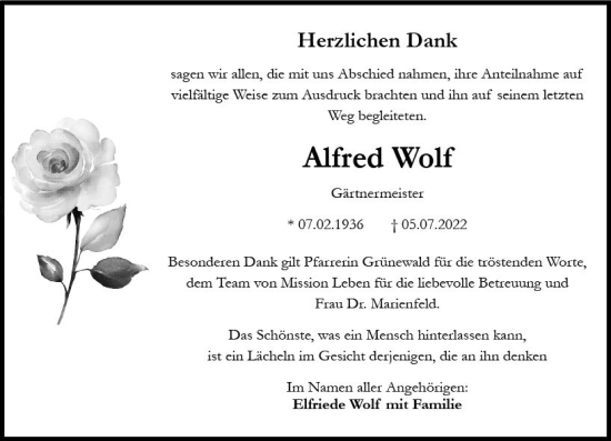 Traueranzeige von Alfred Wolf von vrm-trauer Allgemeine  Zeitung Ingelheim-Bingen