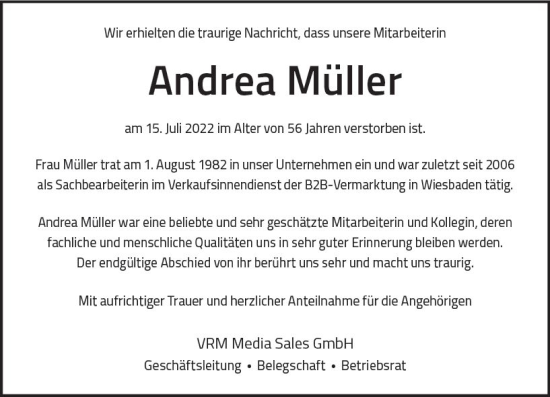 Traueranzeige von Andrea Müller von vrm-trauer Wiesbadener Kurier
