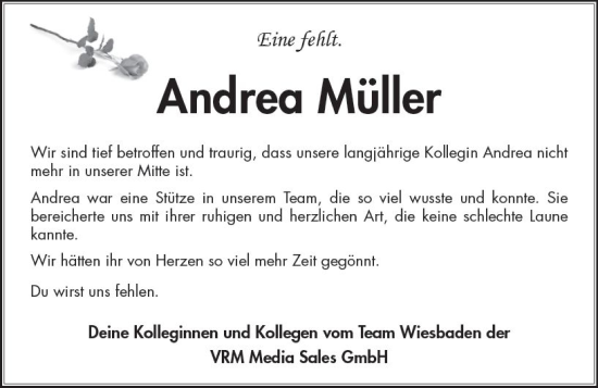 Traueranzeige von Andrea Müller von vrm-trauer Wiesbadener Kurier