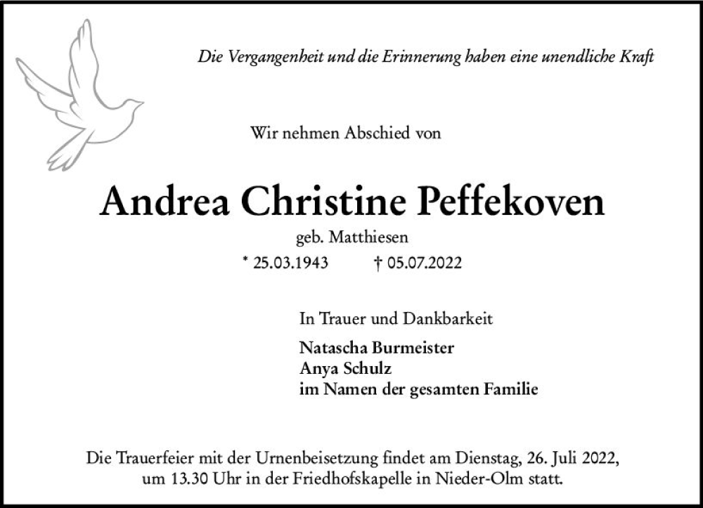  Traueranzeige für Andrea Christine Peffekoven vom 23.07.2022 aus vrm-trauer AZ Mainz