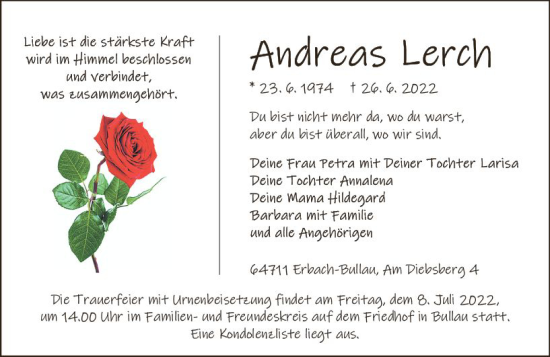 Traueranzeige von Andreas Lerch von vrm-trauer Odenwälder Echo