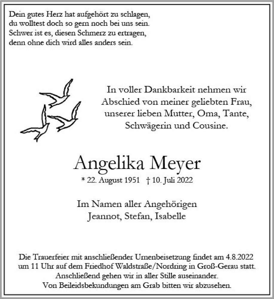  Traueranzeige für Angelika Meyer vom 30.07.2022 aus vrm-trauer Groß-Gerauer Echo