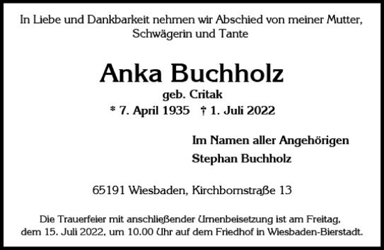 Traueranzeige von Anka Buchholz von vrm-trauer Wiesbadener Kurier