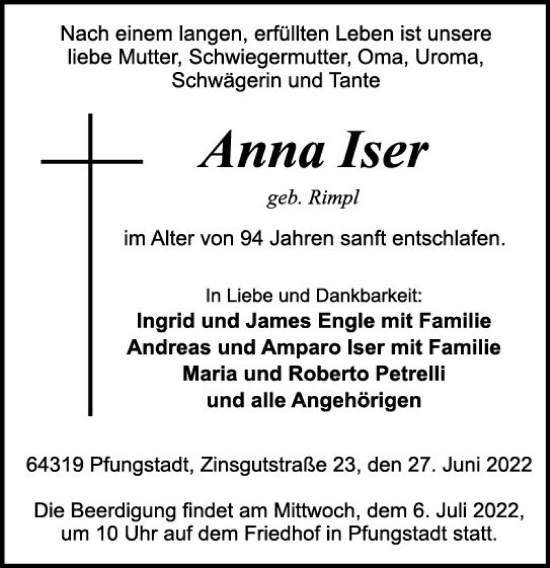 Traueranzeige von Anna Iser von vrm-trauer Darmstädter Echo