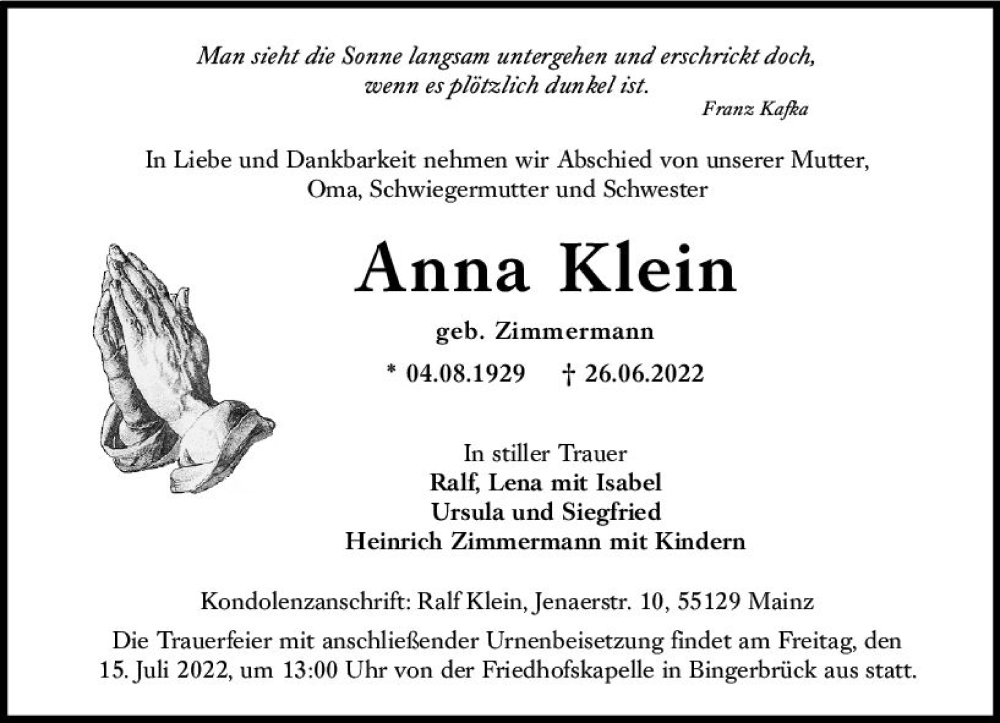  Traueranzeige für Anna Klein vom 09.07.2022 aus vrm-trauer Allgemeine  Zeitung Ingelheim-Bingen