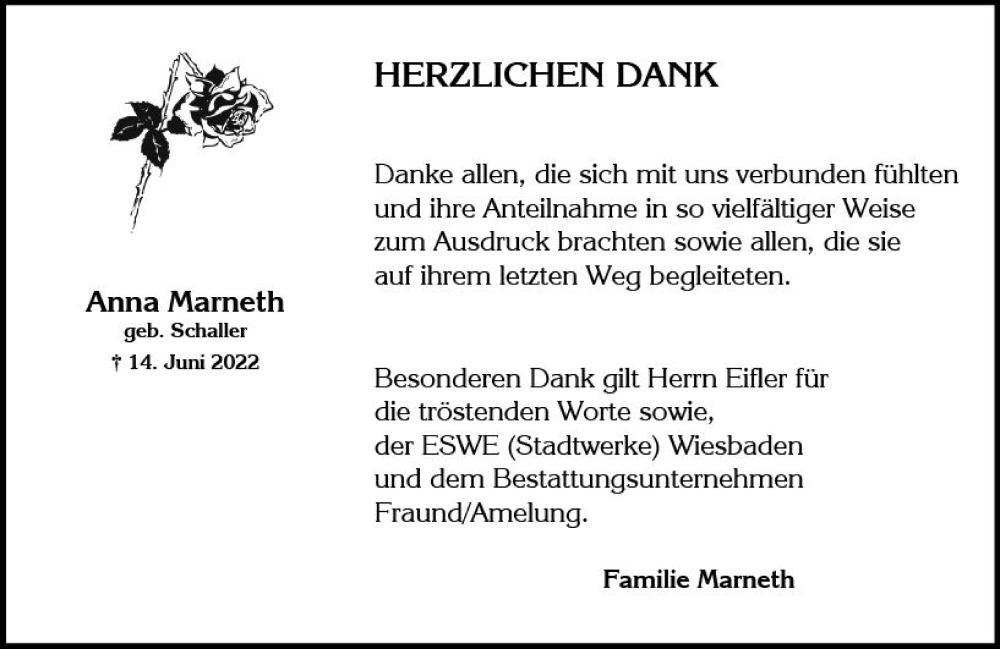  Traueranzeige für Anna Marneth vom 09.07.2022 aus vrm-trauer Wiesbadener Kurier