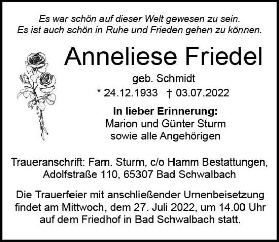 Traueranzeige von Anneliese Friedel von vrm-trauer WK-UTA