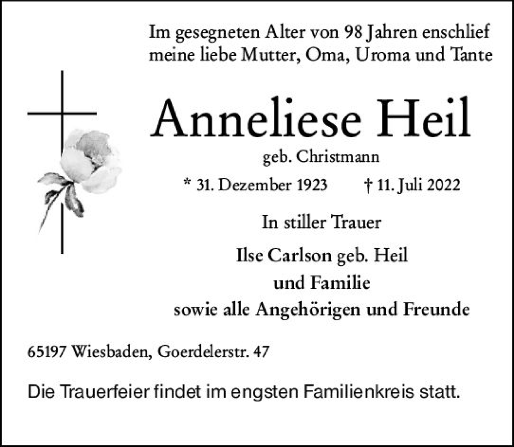  Traueranzeige für Anneliese Heil vom 23.07.2022 aus vrm-trauer Wiesbadener Kurier