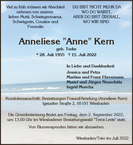 Traueranzeige von Anneliese Kern von vrm-trauer Wiesbadener Kurier