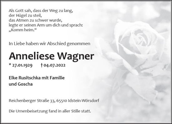 Traueranzeige von Anneliese Wagner von vrm-trauer Idsteiner Zeitung