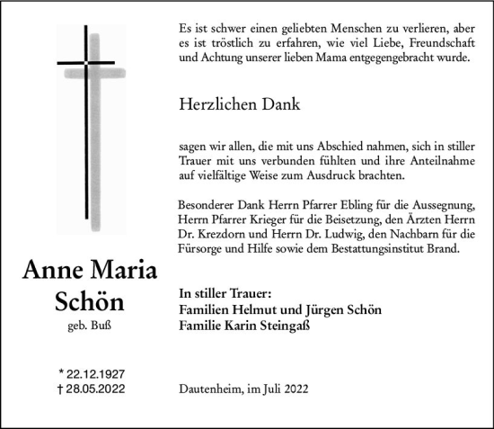 Traueranzeige von Anne Maria Schön von vrm-trauer Allgemeine Zeitung Alzey