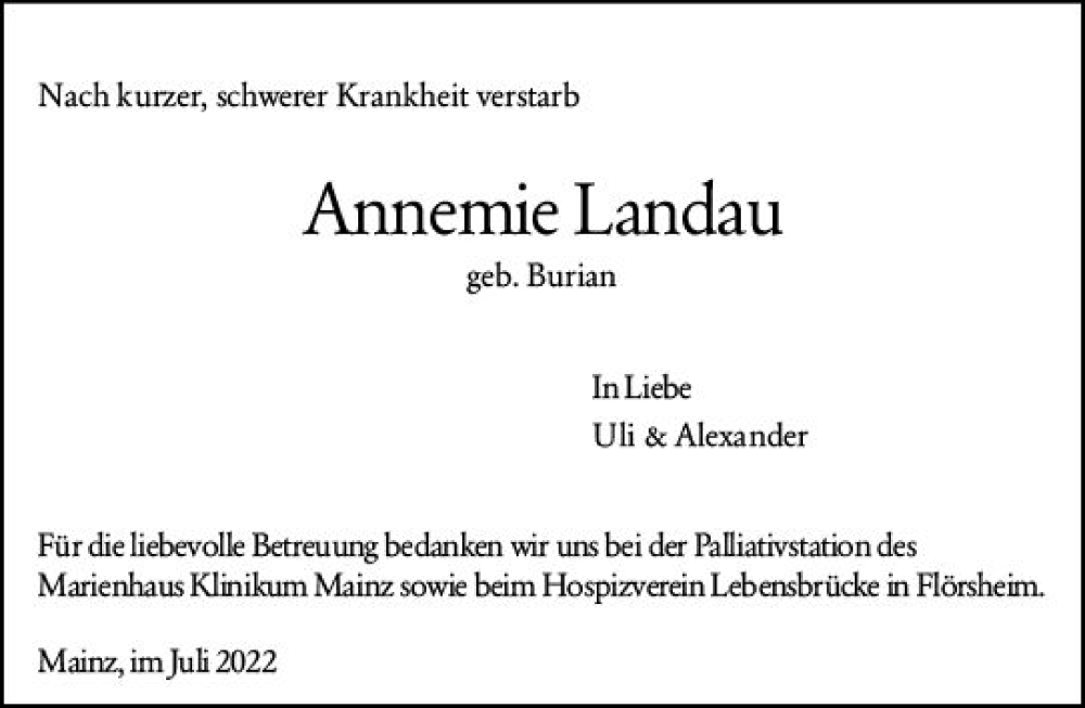  Traueranzeige für Annemie Landau vom 16.07.2022 aus vrm-trauer AZ Mainz