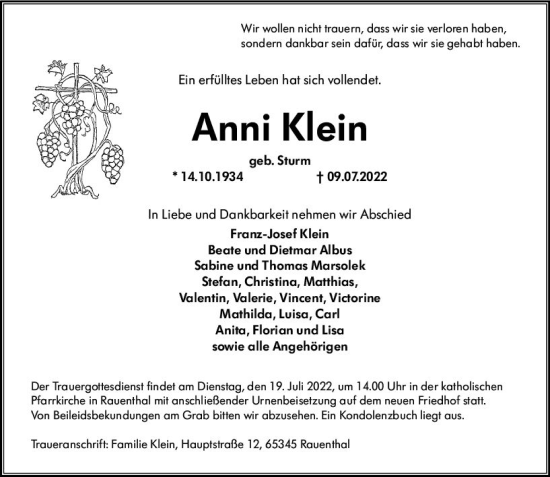 Traueranzeige von Anni Klein von vrm-trauer Rheingau