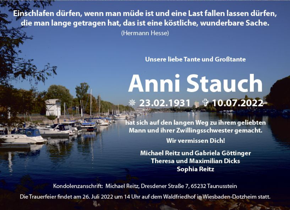  Traueranzeige für Anni Stauch vom 23.07.2022 aus vrm-trauer Wiesbadener Kurier