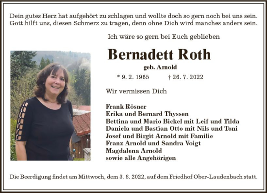 Traueranzeige von Bernadett Roth von vrm-trauer Bürstädter/Lamperth. Ztg/Starkenburger