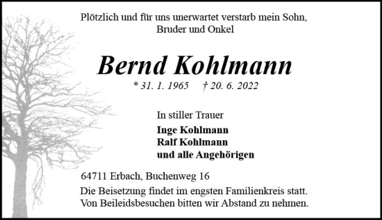 Traueranzeige von Bernd Kohlmann von vrm-trauer Odenwälder Echo