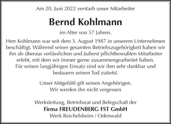 Traueranzeige von Bernd Kohlmann von vrm-trauer Odenwälder Echo