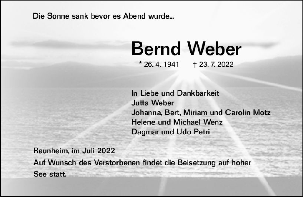  Traueranzeige für Bernd Weber vom 30.07.2022 aus vrm-trauer Rüsselsheimer Echo / MainSpitze