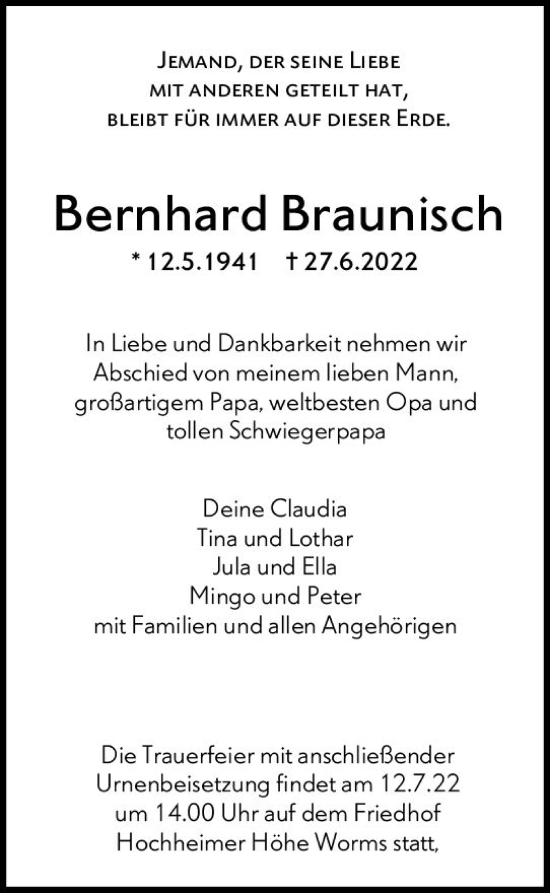 Traueranzeige von Bernhard Braunisch von vrm-trauer Wormser Zeitung