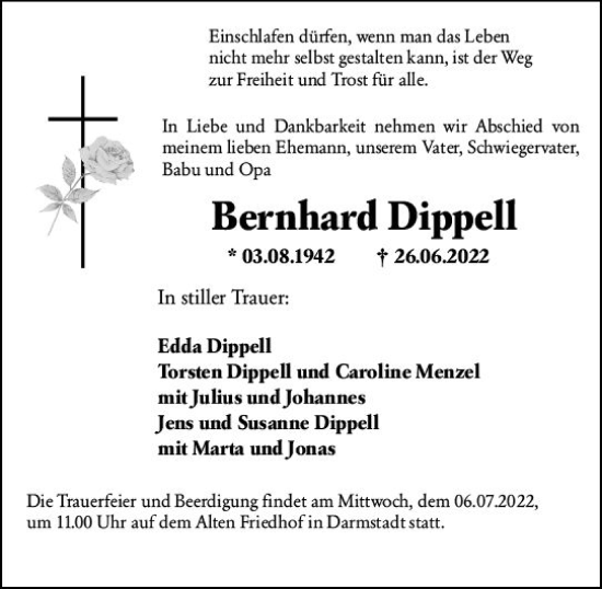 Traueranzeige von Bernhard Dippell von vrm-trauer Darmstädter Echo