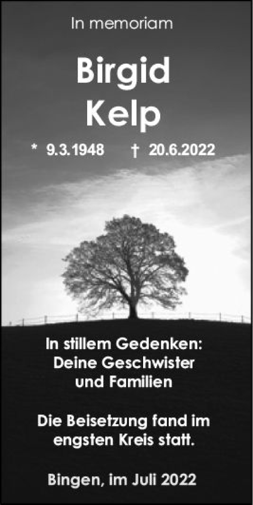 Traueranzeige von Birgid Kelp von vrm-trauer Allgemeine  Zeitung Ingelheim-Bingen