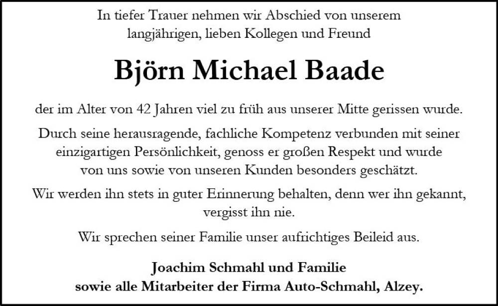  Traueranzeige für Björn Michael Baade vom 26.07.2022 aus vrm-trauer Allgemeine Zeitung Alzey