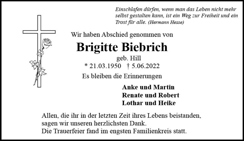  Traueranzeige für Brigitte Biebrich vom 02.07.2022 aus vrm-trauer AZ Mainz