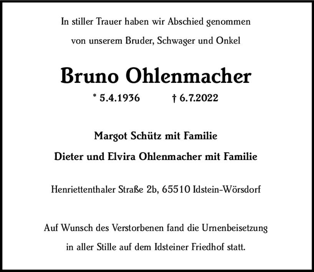  Traueranzeige für Bruno Ohlenmacher vom 16.07.2022 aus vrm-trauer Idsteiner Zeitung