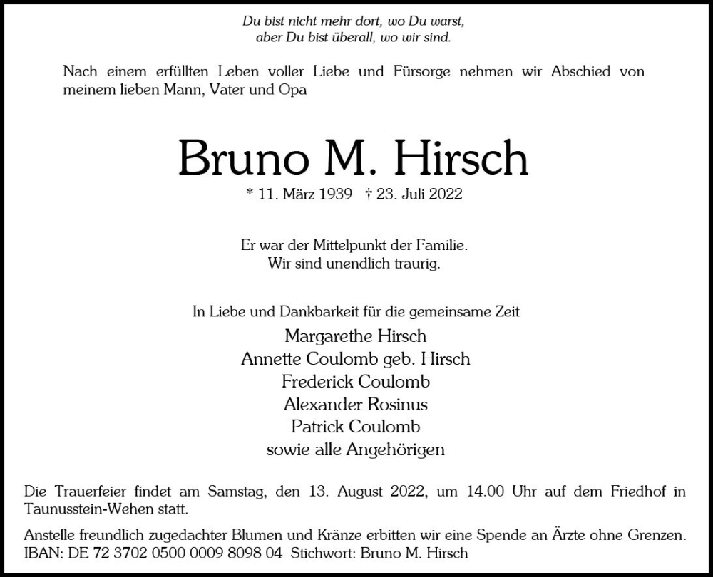  Traueranzeige für Bruno M. Hirsch vom 30.07.2022 aus vrm-trauer Wiesbadener Kurier