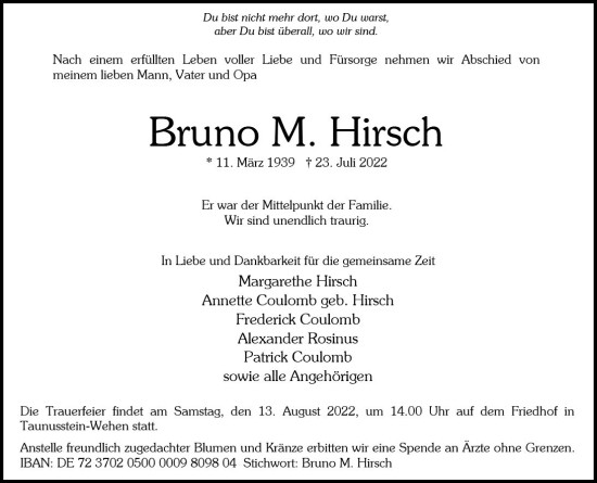 Traueranzeige von Bruno M. Hirsch von vrm-trauer Wiesbadener Kurier