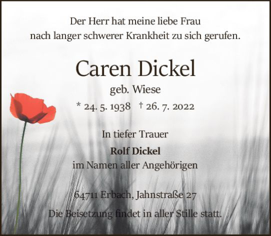 Traueranzeige von Caren Dickel von vrm-trauer Odenwälder Echo