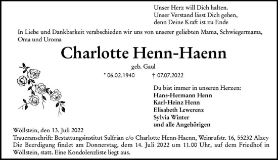 Traueranzeige von Charlotte Henn-Haenn von vrm-trauer AZ Mainz