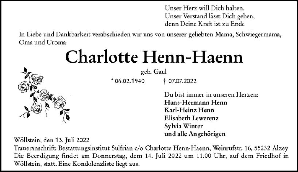  Traueranzeige für Charlotte Henn-Haenn vom 13.07.2022 aus vrm-trauer AZ Mainz
