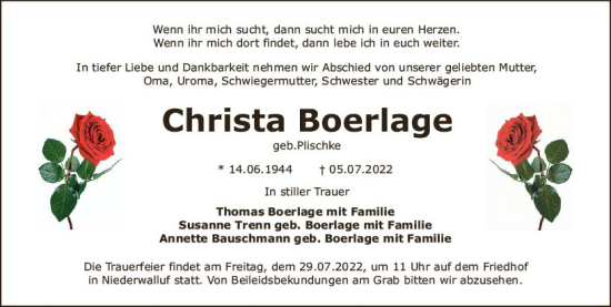 Traueranzeige von Christa Boerlage von vrm-trauer Wiesbadener Kurier