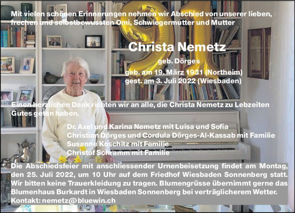  Traueranzeige für Christa Nemetz vom 23.07.2022 aus vrm-trauer Wiesbadener Kurier
