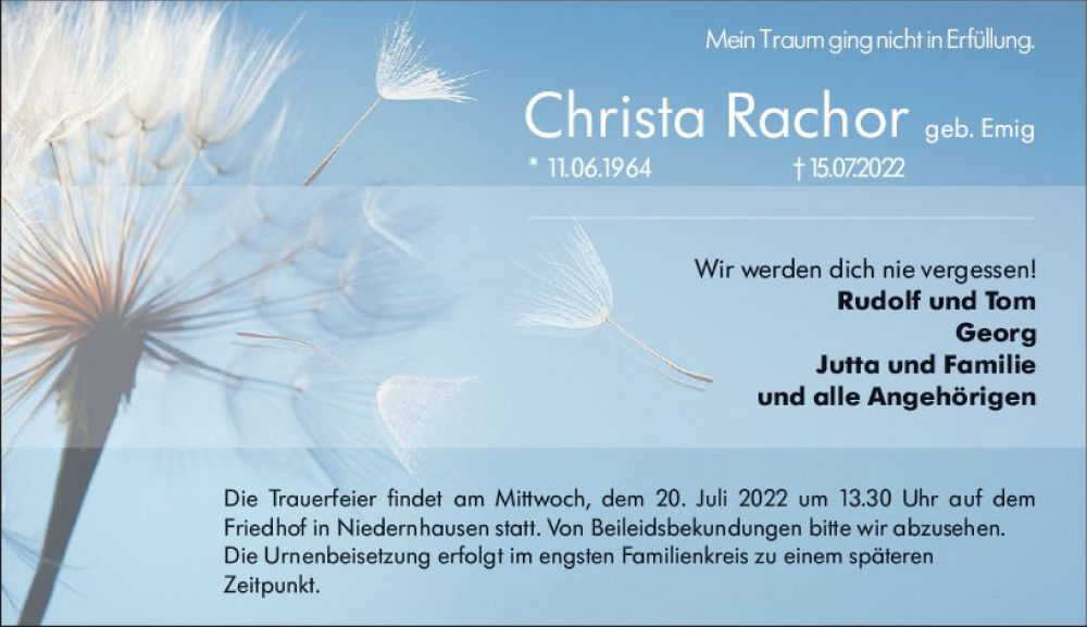  Traueranzeige für Christa Rachor vom 18.07.2022 aus vrm-trauer Darmstädter Echo
