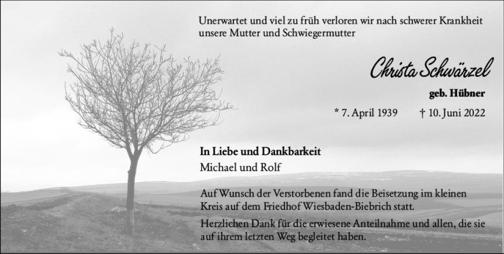  Traueranzeige für Christa Schwärzel vom 02.07.2022 aus vrm-trauer Wiesbadener Kurier