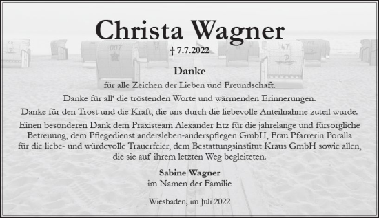 Traueranzeige von Christa Wagner von vrm-trauer Wiesbadener Kurier