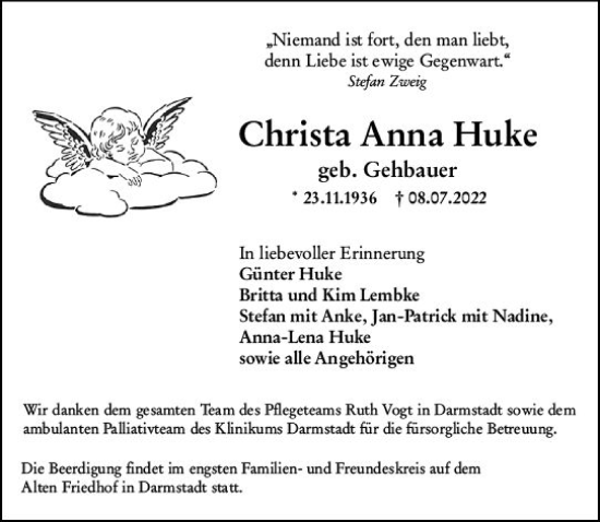 Traueranzeige von Christa Anna Huke von vrm-trauer Darmstädter Echo