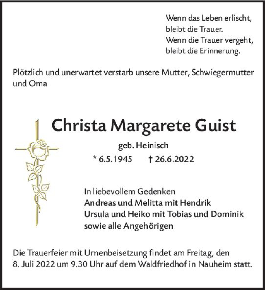  Traueranzeige für Christa Margarete Guist vom 02.07.2022 aus vrm-trauer Rüsselsheimer Echo / MainSpitze
