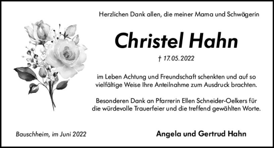 Traueranzeige von Christel Hahn von vrm-trauer Rüsselsheimer Echo / MainSpitze