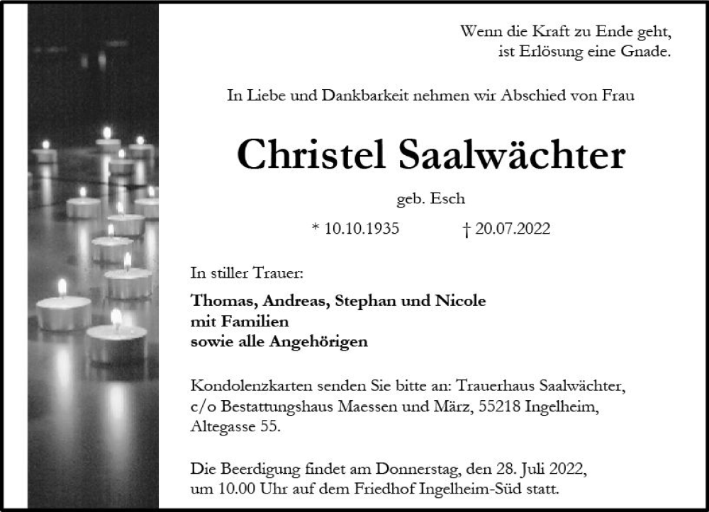  Traueranzeige für Christel Saalwächter vom 23.07.2022 aus vrm-trauer Allgemeine  Zeitung Ingelheim-Bingen