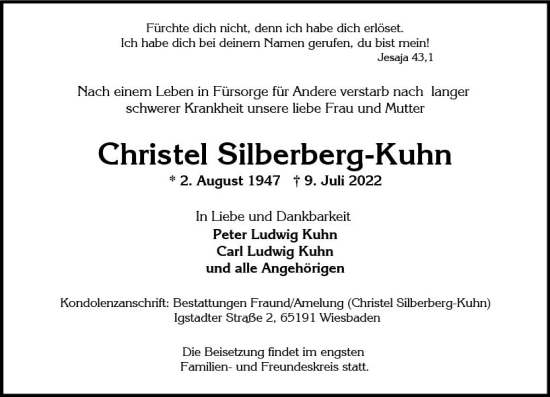 Traueranzeige von Christel Silberberg-Kuhn von vrm-trauer Wiesbadener Kurier