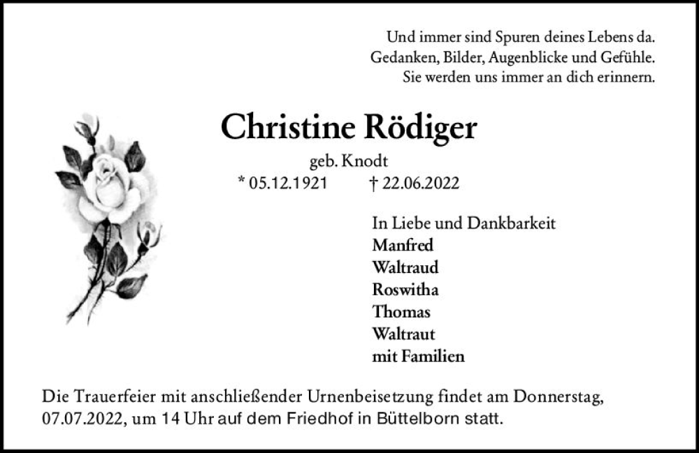  Traueranzeige für Christine Rödiger vom 02.07.2022 aus vrm-trauer Groß-Gerauer Echo
