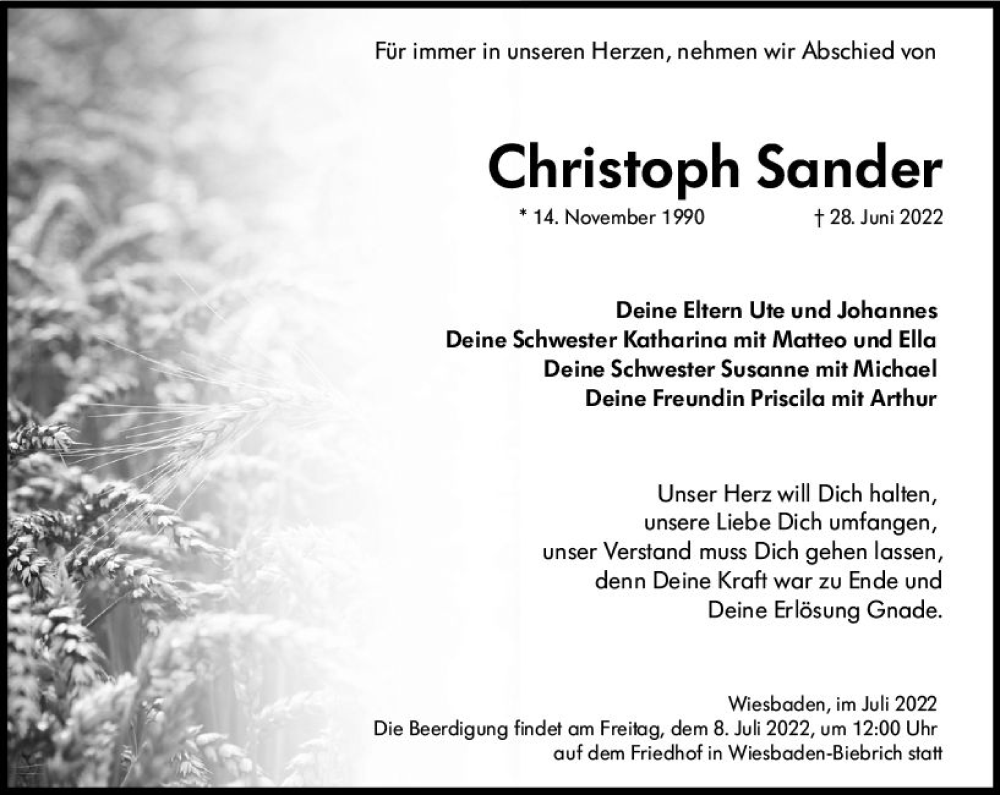  Traueranzeige für Christoph Sander vom 02.07.2022 aus vrm-trauer Wiesbadener Kurier